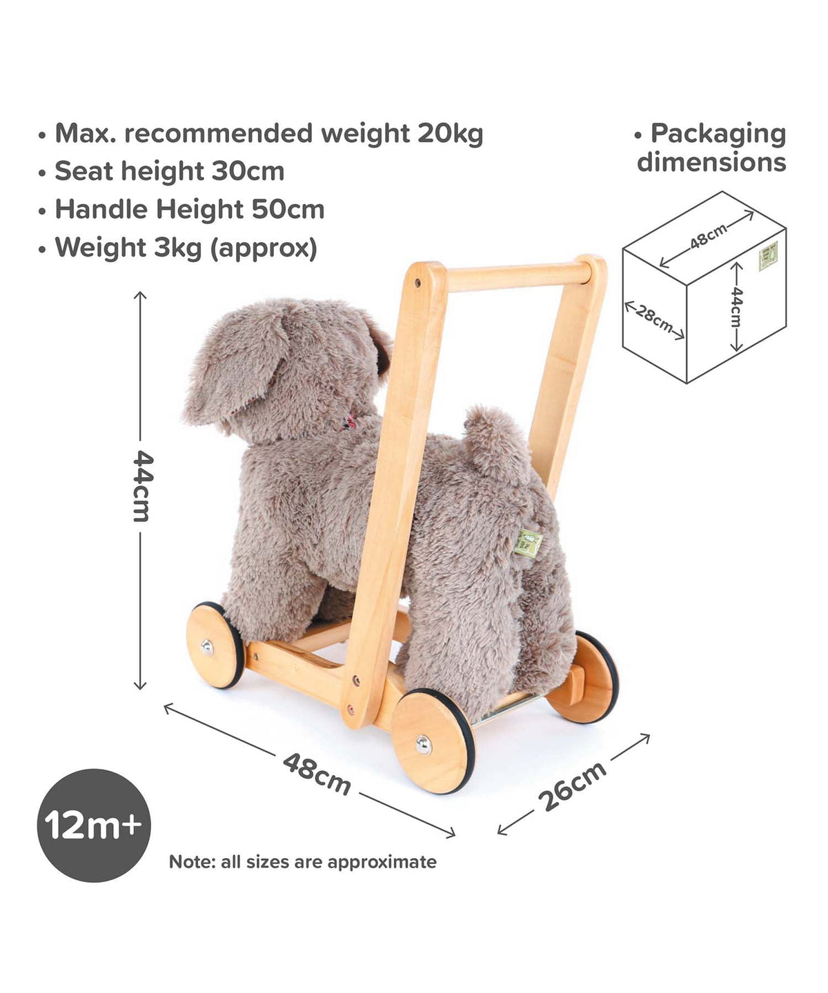 Gray plush dog baby walker with light wood frame and four round wheels