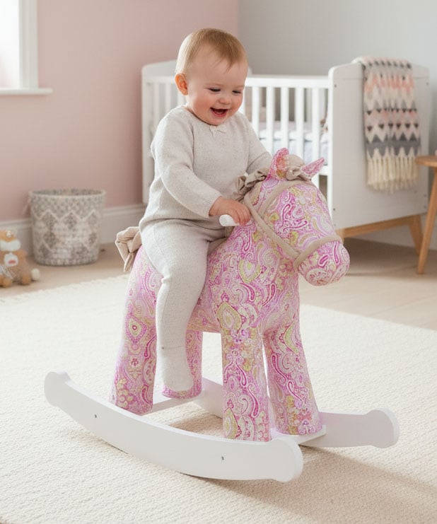 Pink paisley rocking horse with plush saddle and white wooden rocking base