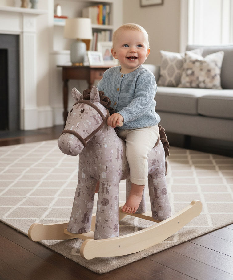Plush rocking horse with wooden base, and patterned fabric