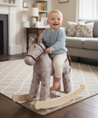 Plush rocking horse with wooden base, and patterned fabric