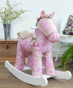 Pink paisley plush rocking horse with white wooden rockers