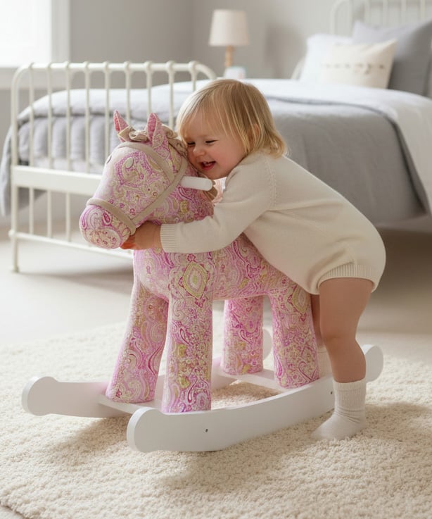 Pink paisley plush rocking horse with white wooden rockers and padded saddle