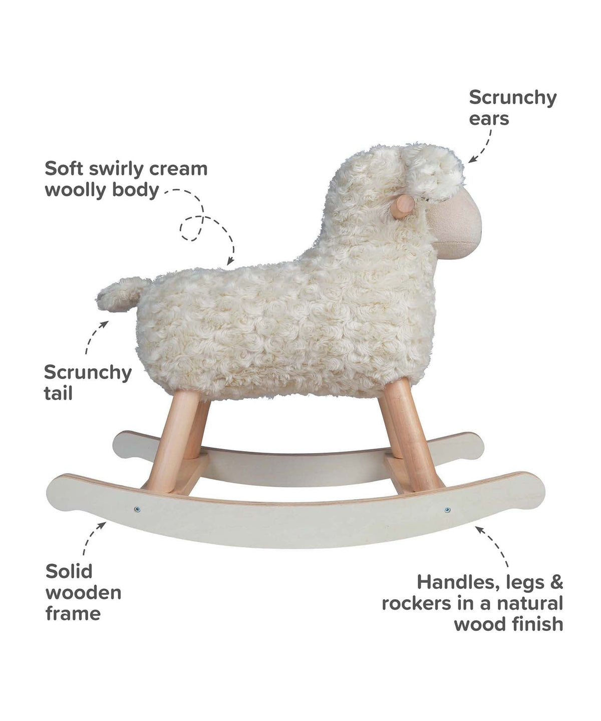Cream plush rocking sheep with scrunchy tail, wooden frame, and rocker base detail.