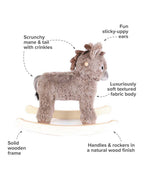 Grey plush rocking donkey with soft fabric body 