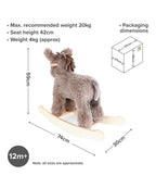 Grey plush rocking donkey on wooden rocker base, size view for 12m+