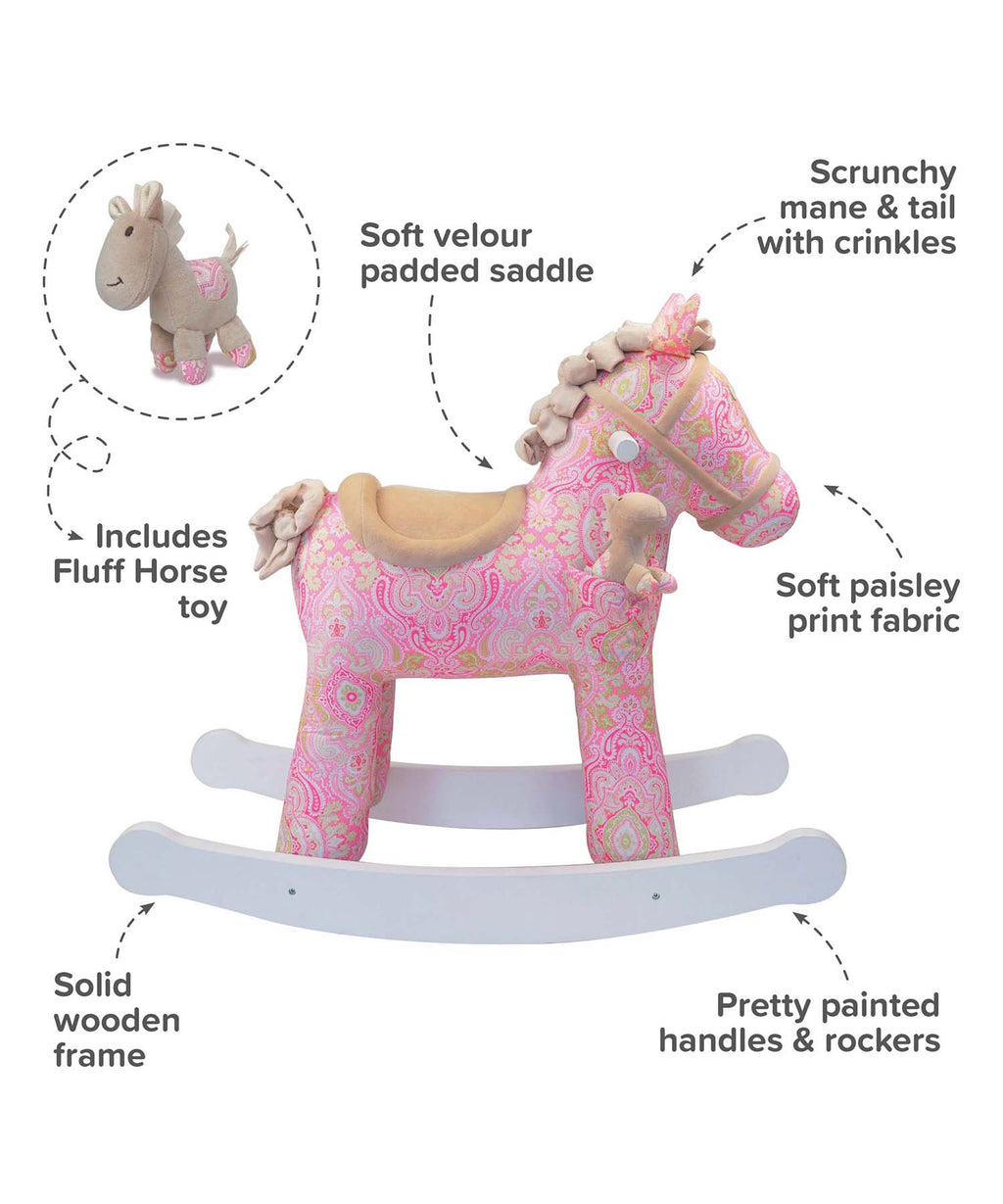Pink paisley plush rocking horse with padded saddle,, painted wood frame