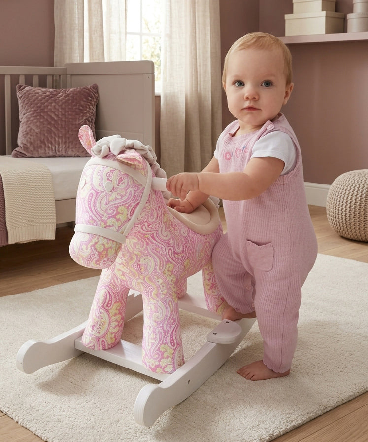A baby in pink overalls stands beside a pink patterned rocking horse toy in a softly lit nursery.