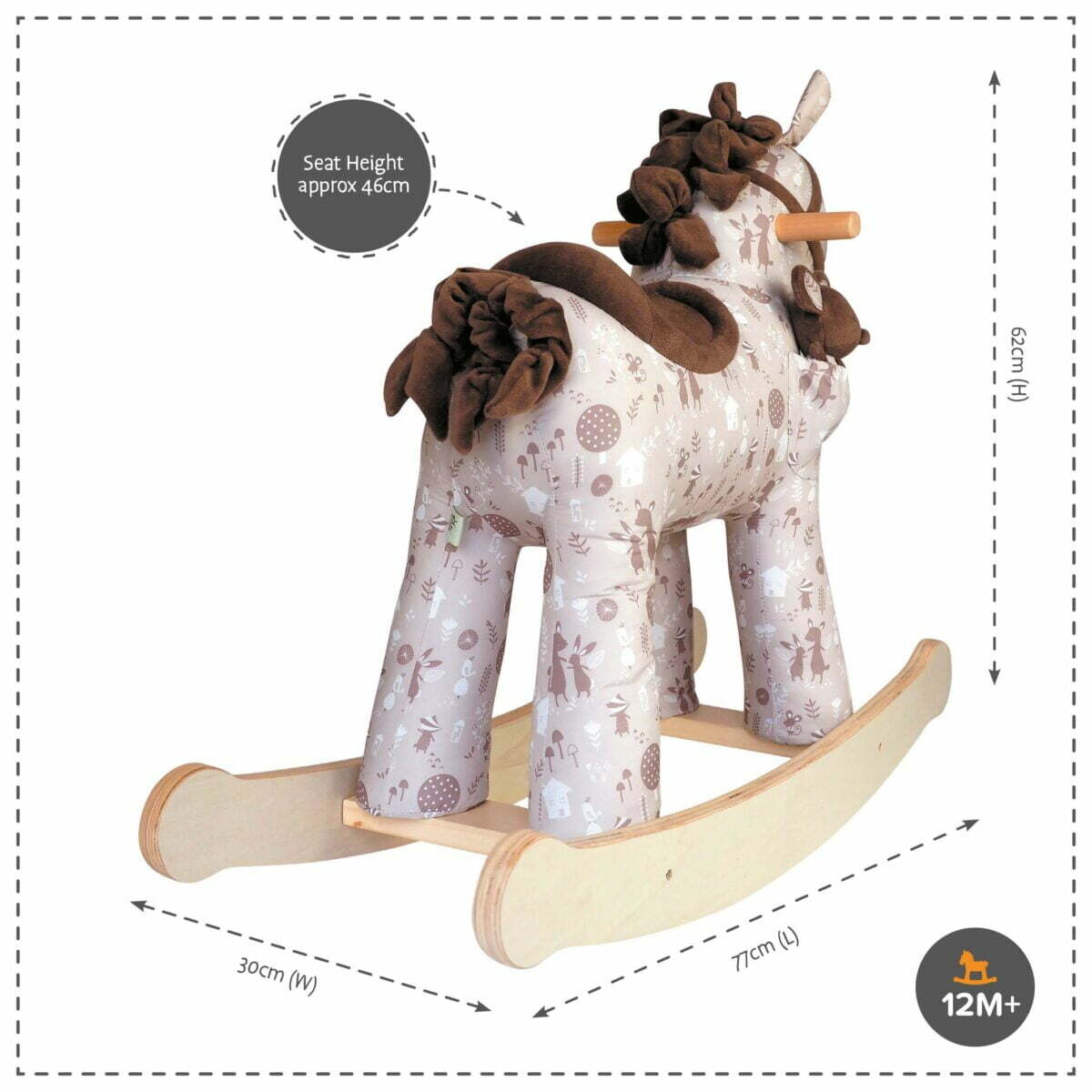 Product dimensions displayed for Biscuit & Skip Rocking Horse 12m+