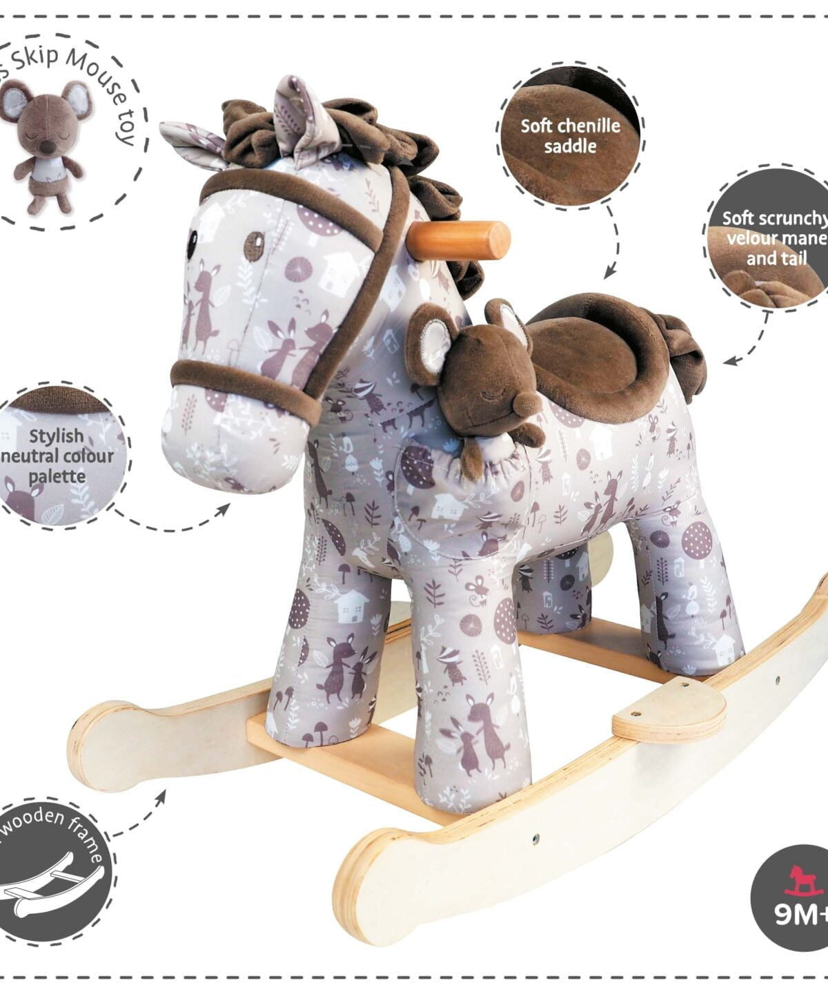Features and benefits displayed for Biscuit & Skip Rocking Horse