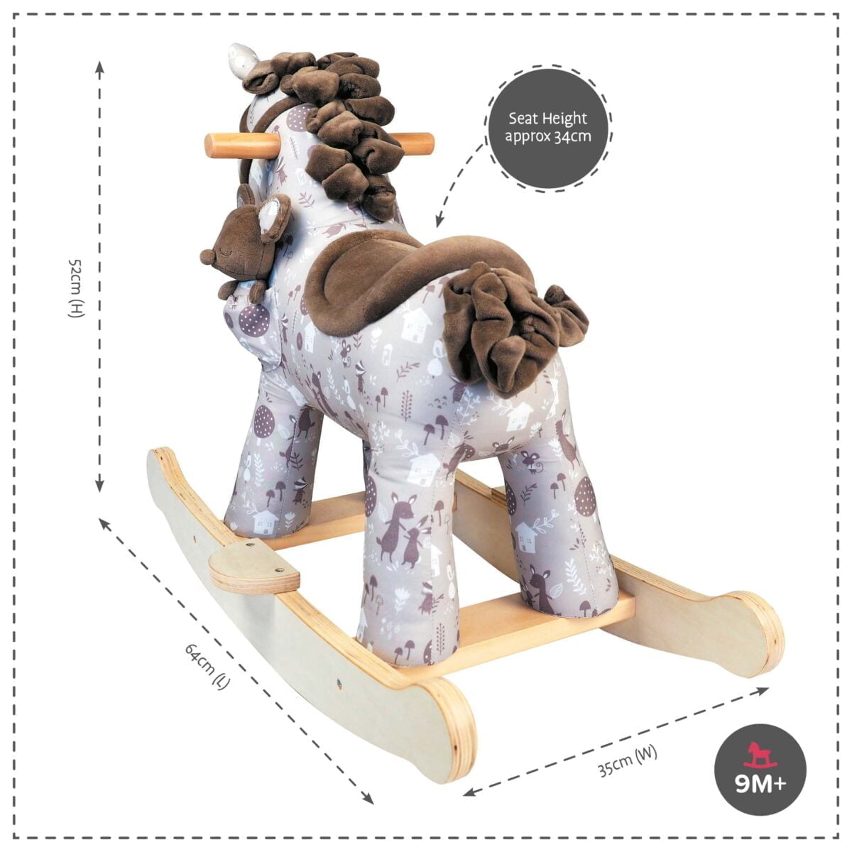 Product dimensions displayed for Biscuit & Skip Rocking Horse 9m+
