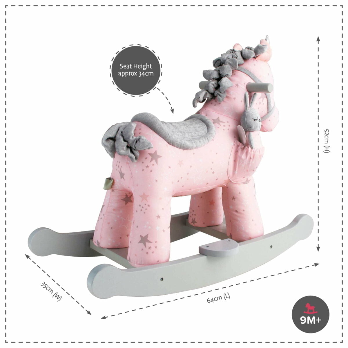 Product dimensions displayed for Celeste & Fae Rocking Unicorn 9m+