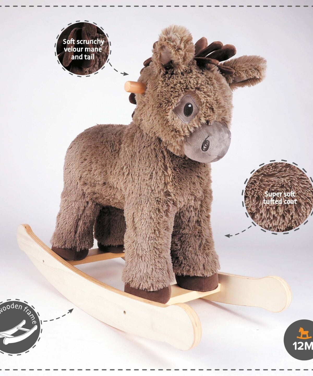 Features and benefits displayed for Norbert Rocking Donkey 12m+