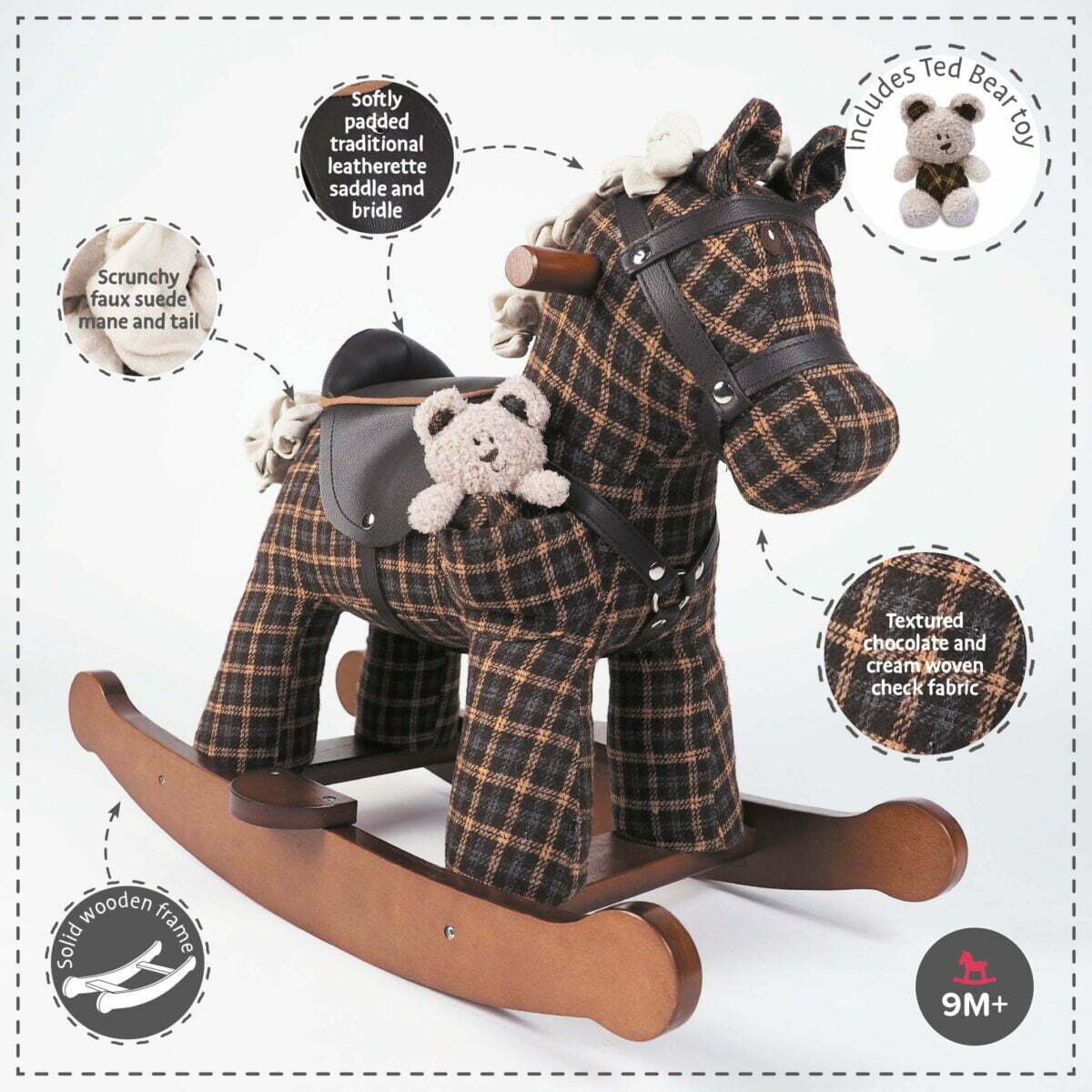 Features and benefits displayed for Rufus & Ted Rocking Horse