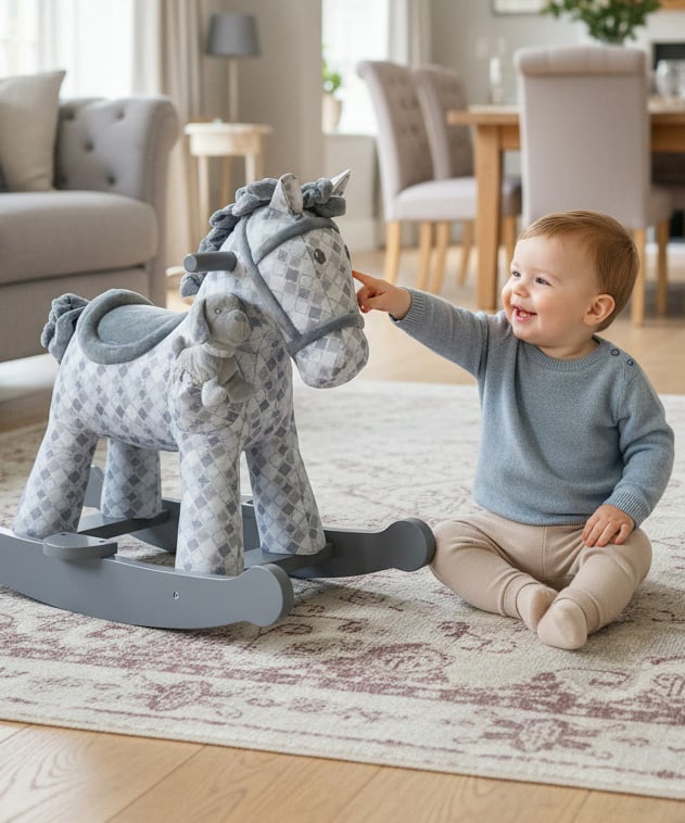 Little boy playing with grey rocking horse with geometric print