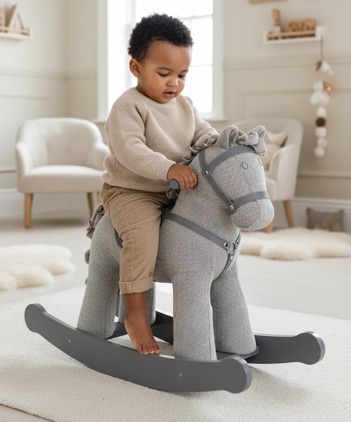 Little boy riding a grey rocking horse with a pocket toy