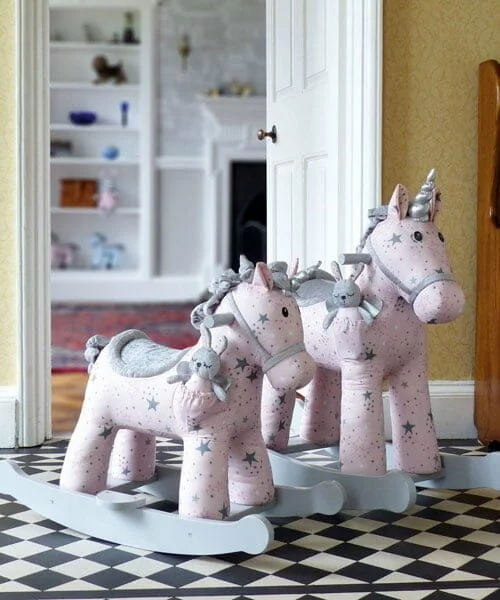 Unicorn ride on toy - Celeste & Fae Rocker with pink starry printed fabric