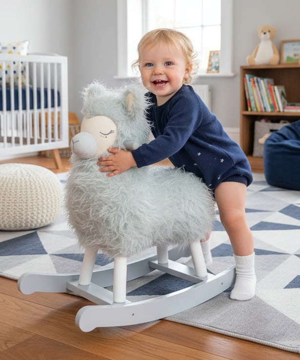 Child hugging a rocking llama toy