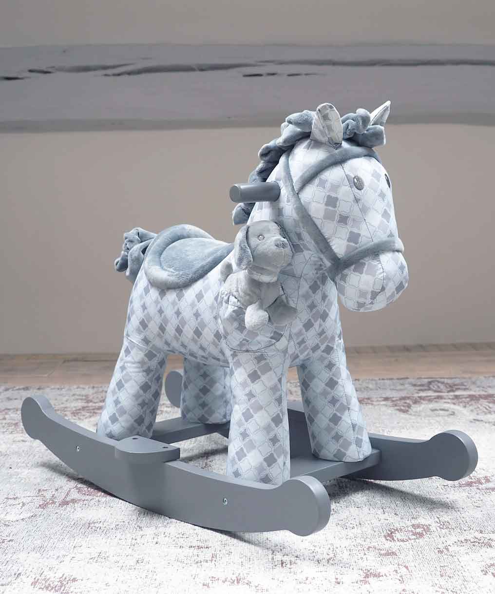 Grey Harper & Chase Rocking Horse with removable footplates sits on a grey rug