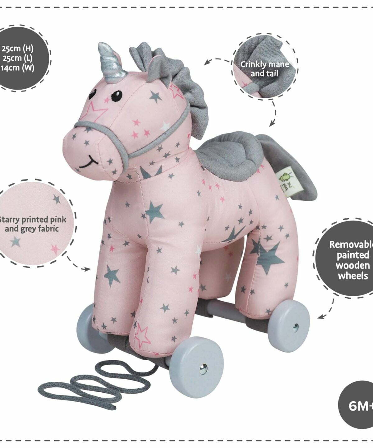 Features and benefits displayed for Celeste Unicorn Pull Along Toy