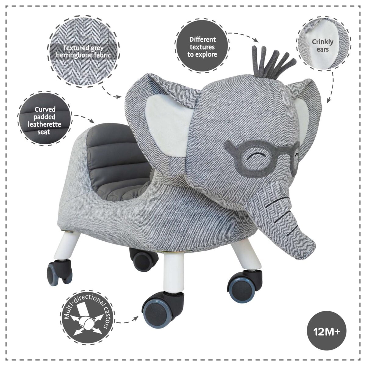 Features and benefits displayed for Cuthbert Elephant Ride On Toy