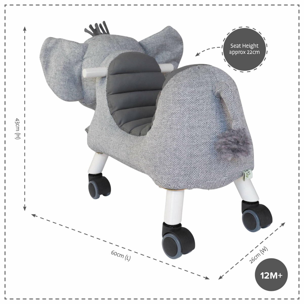 Product dimensions displayed for Cuthbert Elephant Ride On Toy