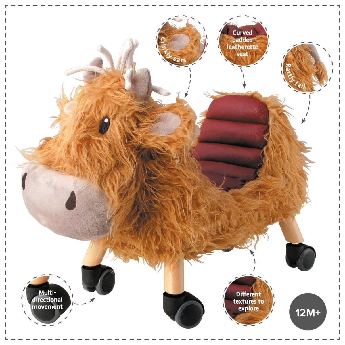 Features and benefits displayed for Hubert Highland Cow Ride On Toy