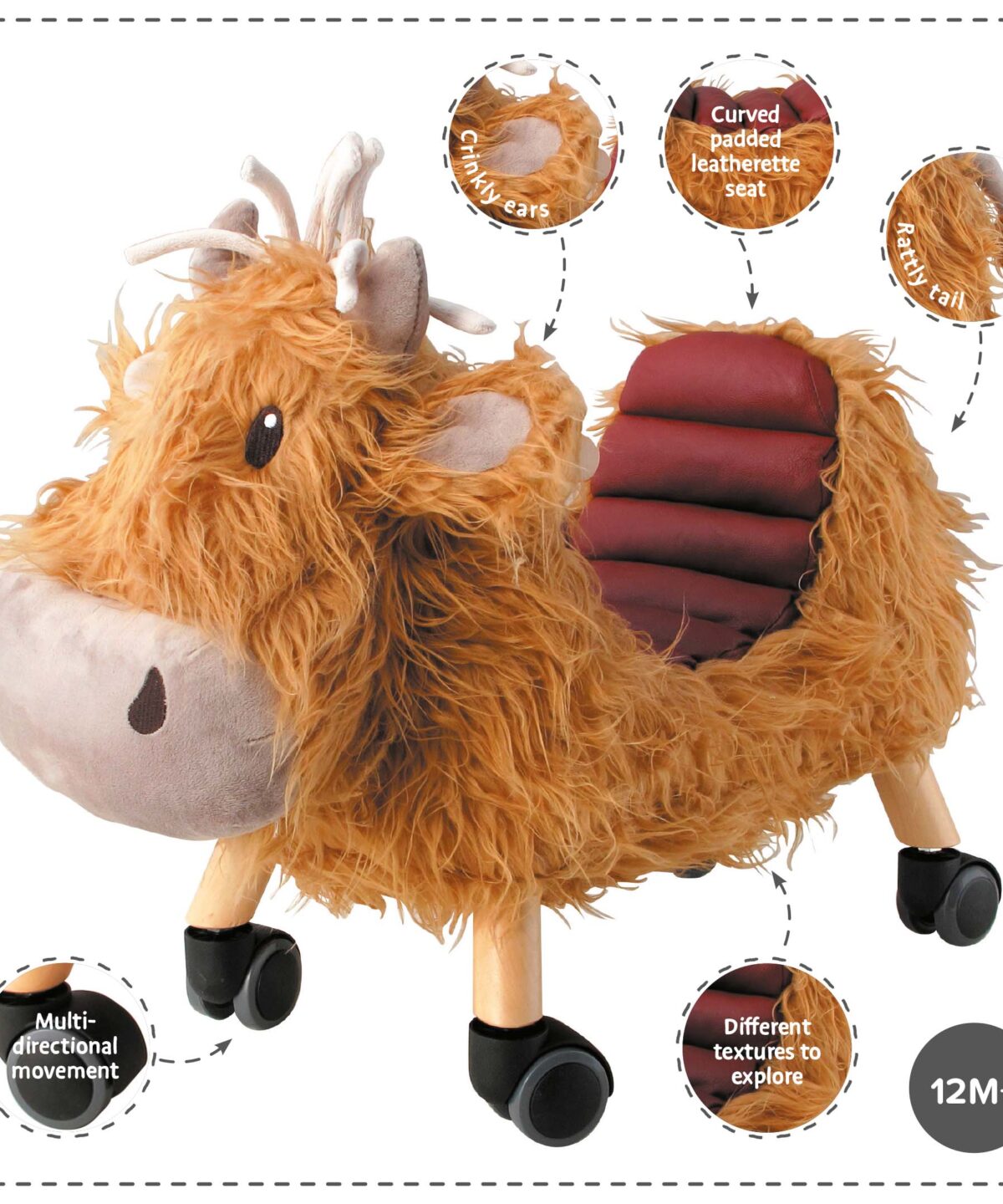 Features and benefits displayed for Hubert Highland Cow Ride On Toy