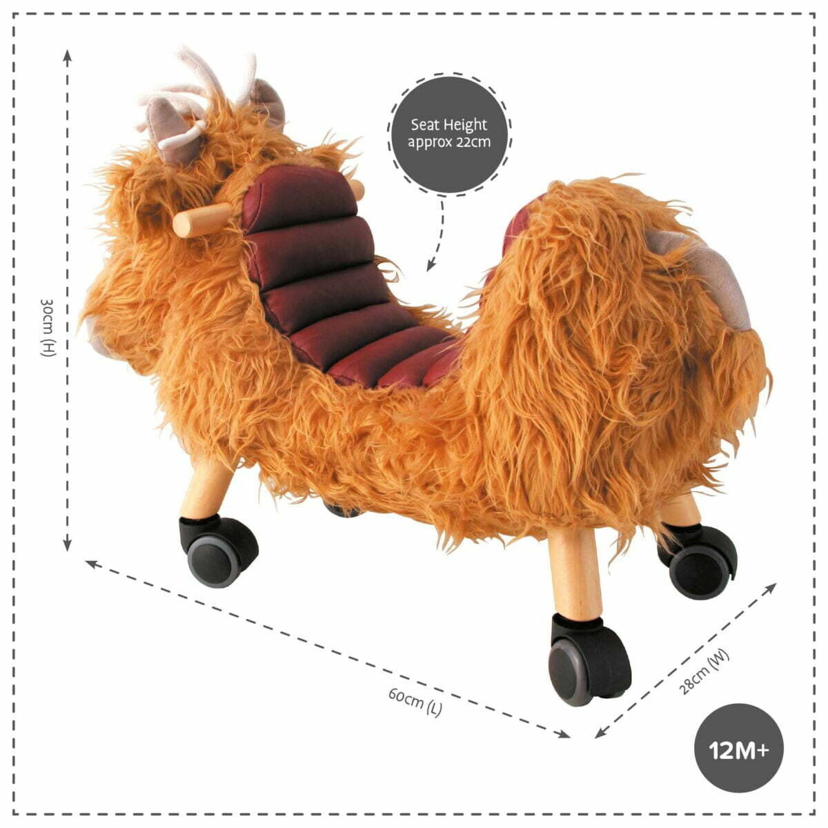 Product dimensions displayed for Hubert Highland Cow Ride On Toy