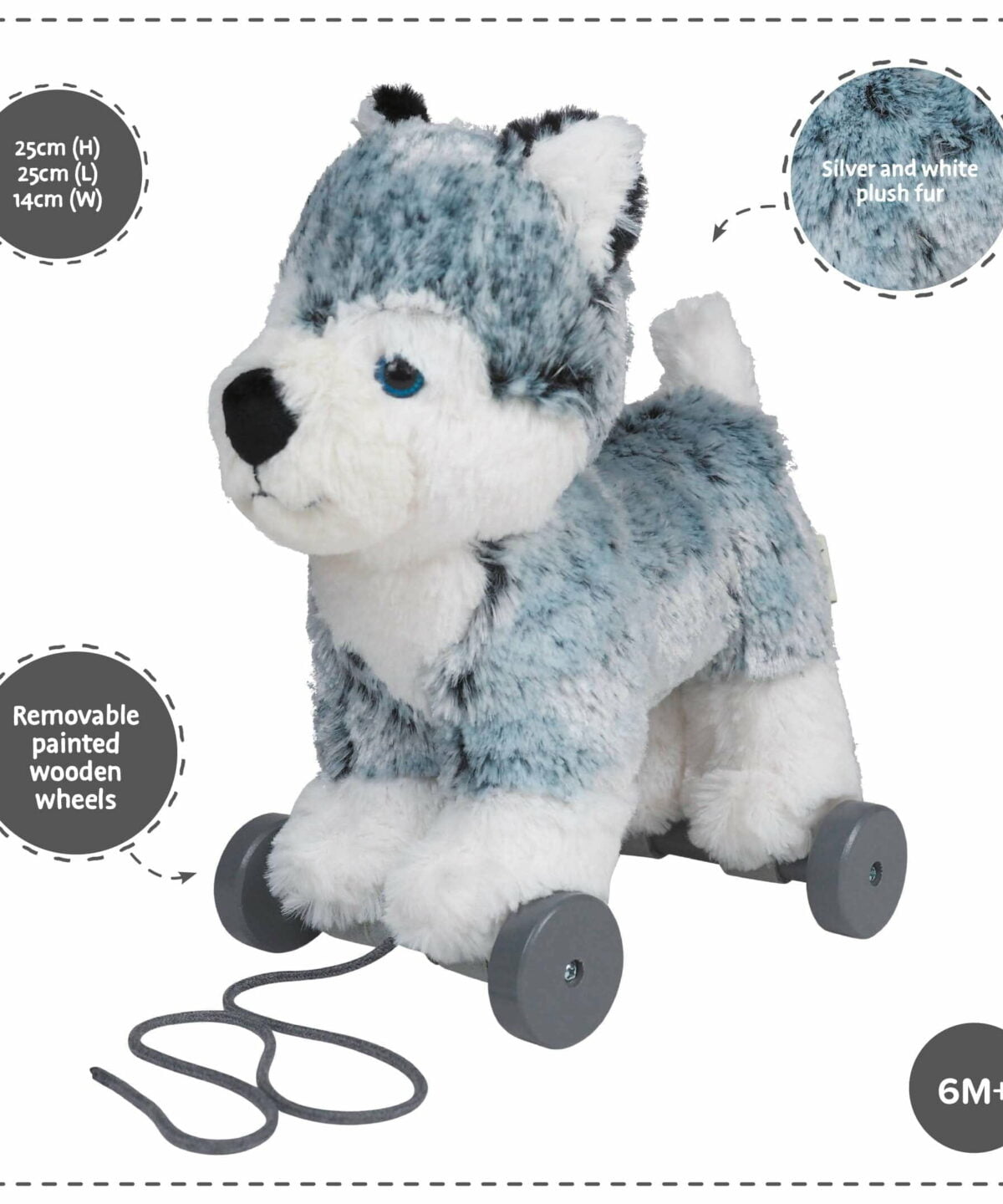 Features and benefits displayed for Mishka Dog Pull Along Toy