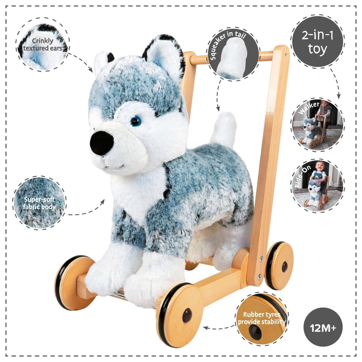 Features and benefits displayed for Mishka Dog Baby Walker