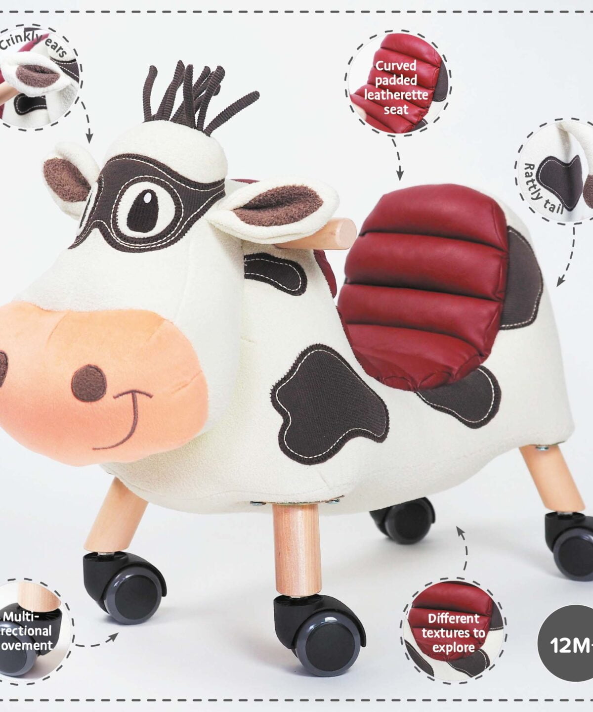 Features and benefits displayed for Moobert Cow Ride On Toy