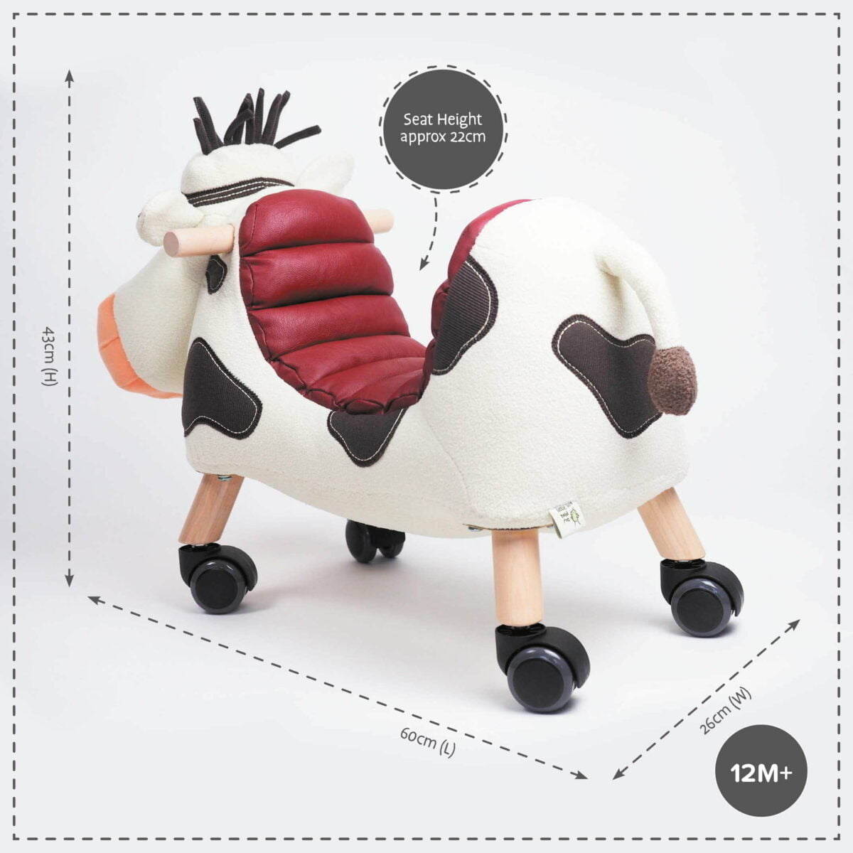 Product dimensions displayed for Moobert Cow Ride On Toy