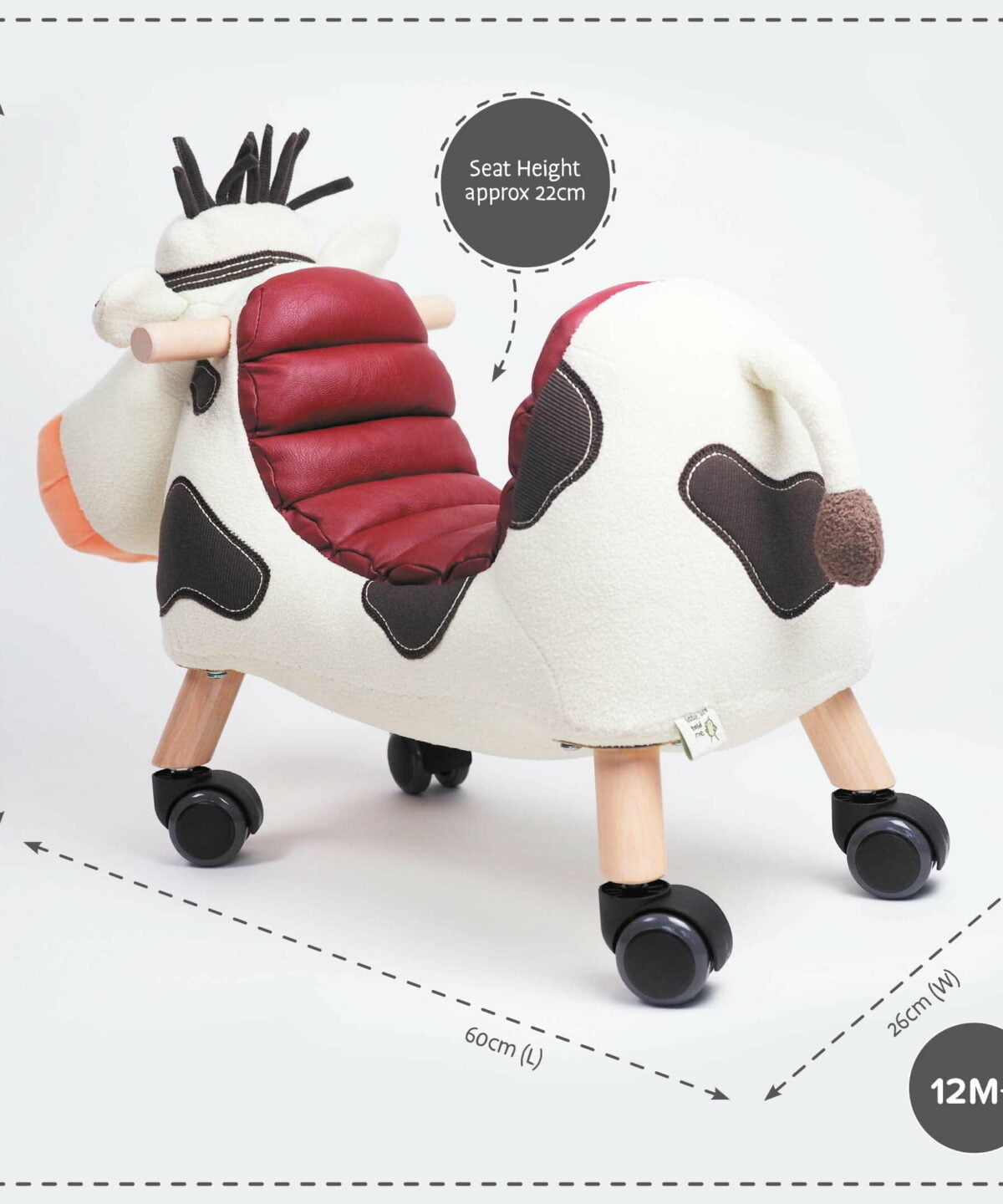 Product dimensions displayed for Moobert Cow Ride On Toy
