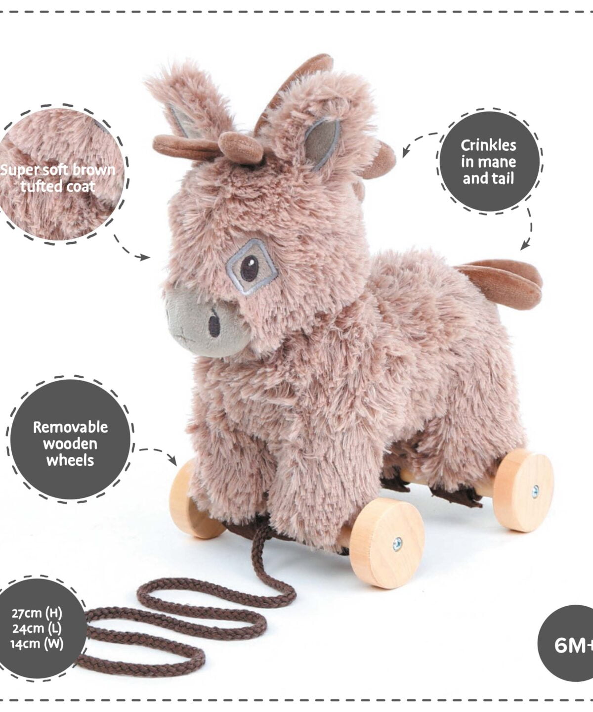 Features and benefits displayed for Norbert Donkey Pull Along Toy