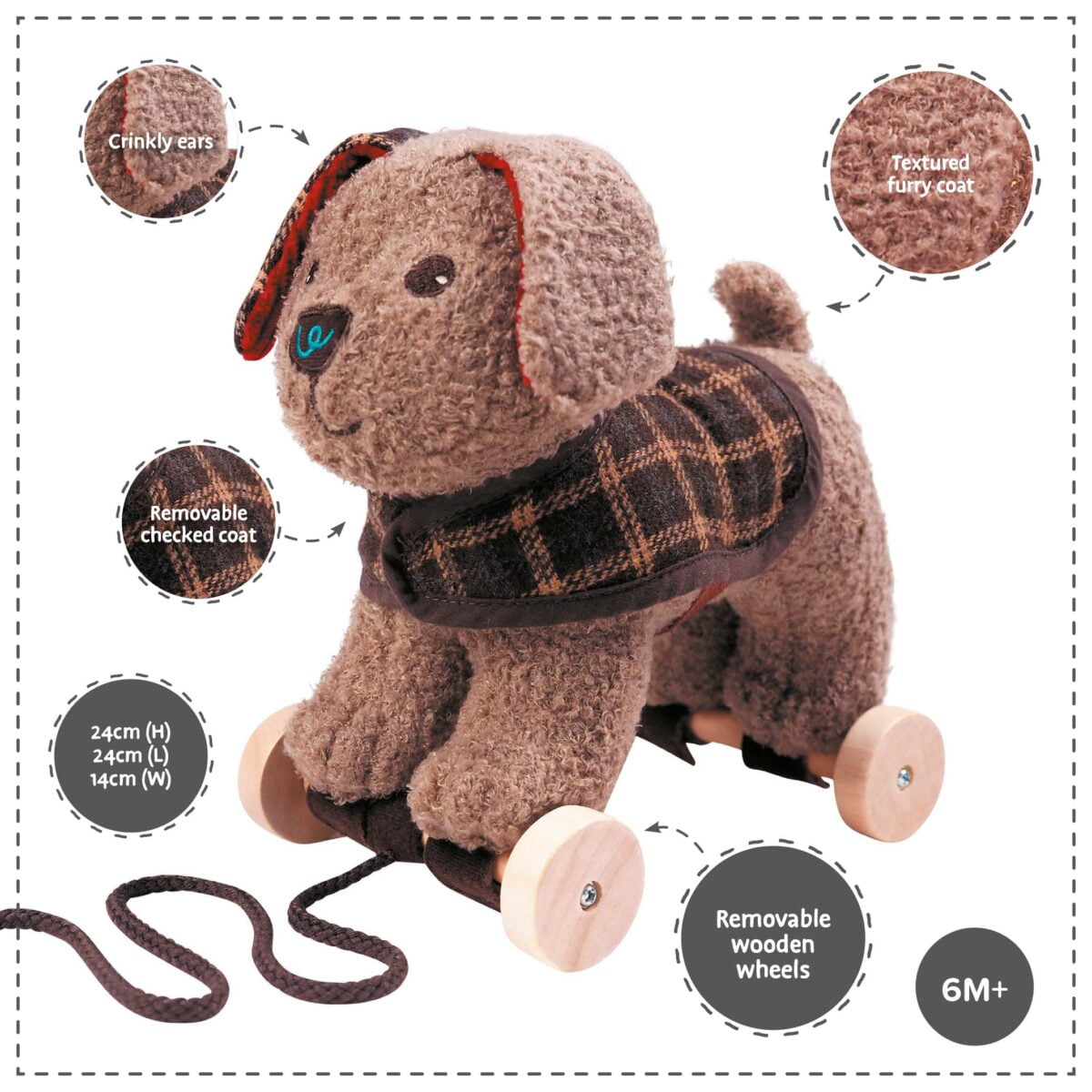 Features and benefits displayed for Percy Pup Pull Along Toy