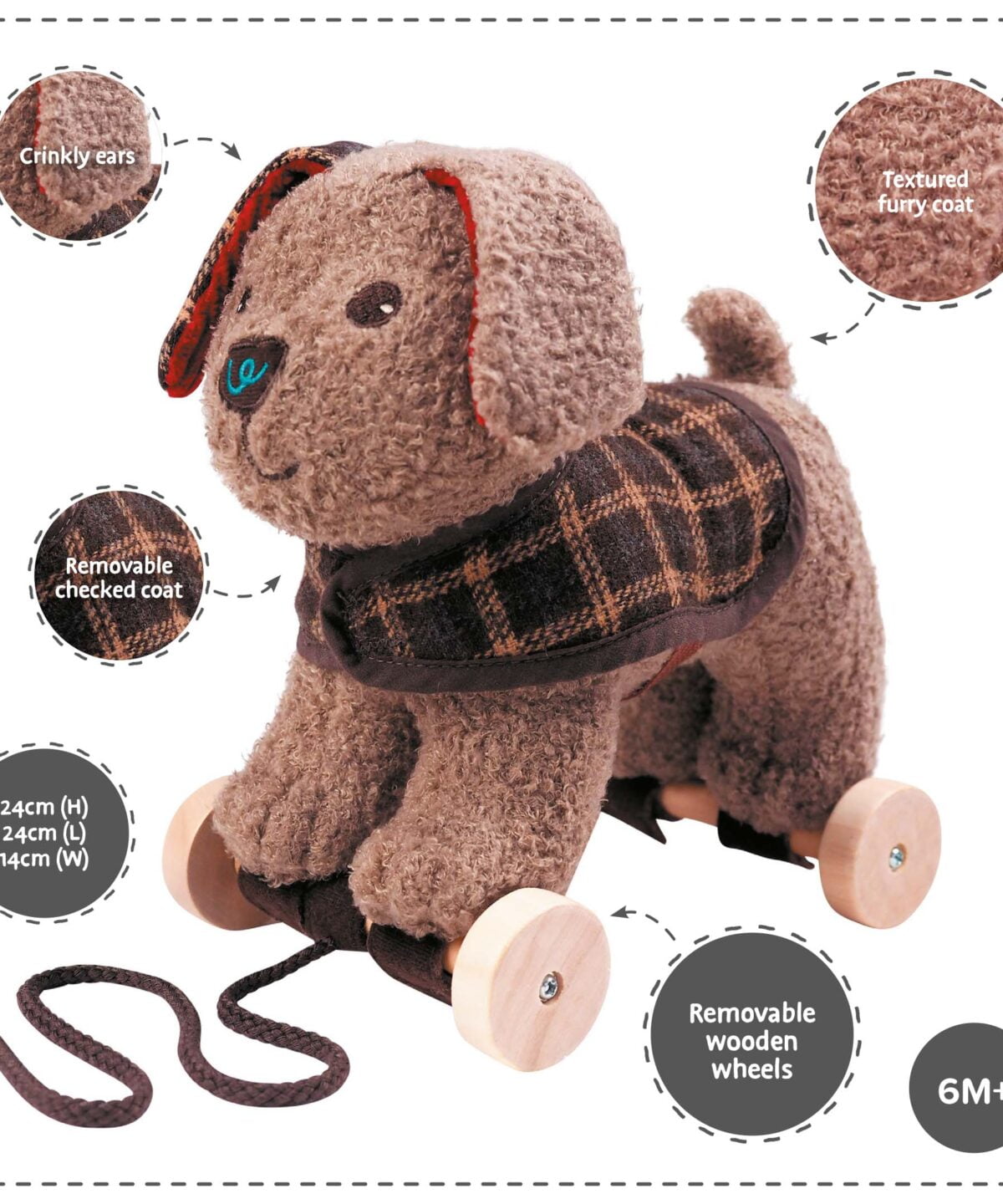 Features and benefits displayed for Percy Pup Pull Along Toy