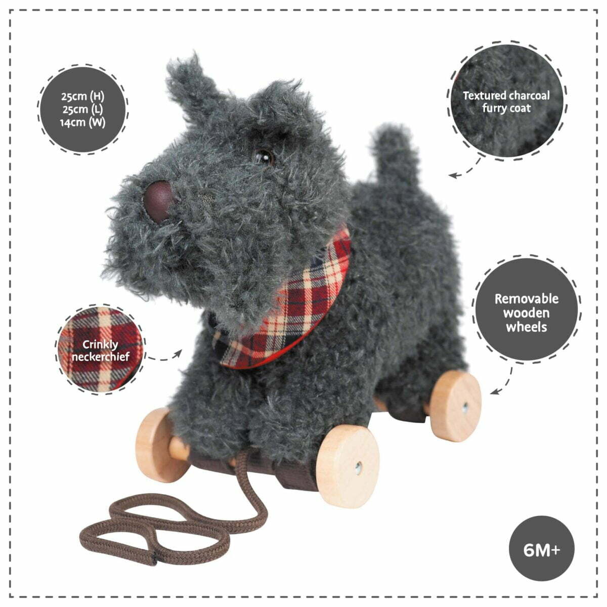 Features and benefits displayed for Scottie Dog Pull Along Toy