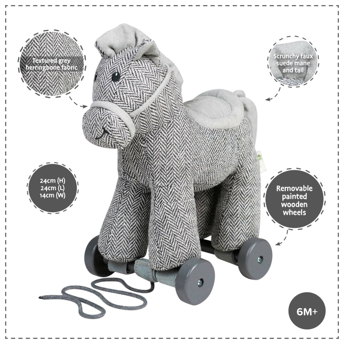 Features and benefits displayed for Stirling Horse Pull Along Toy