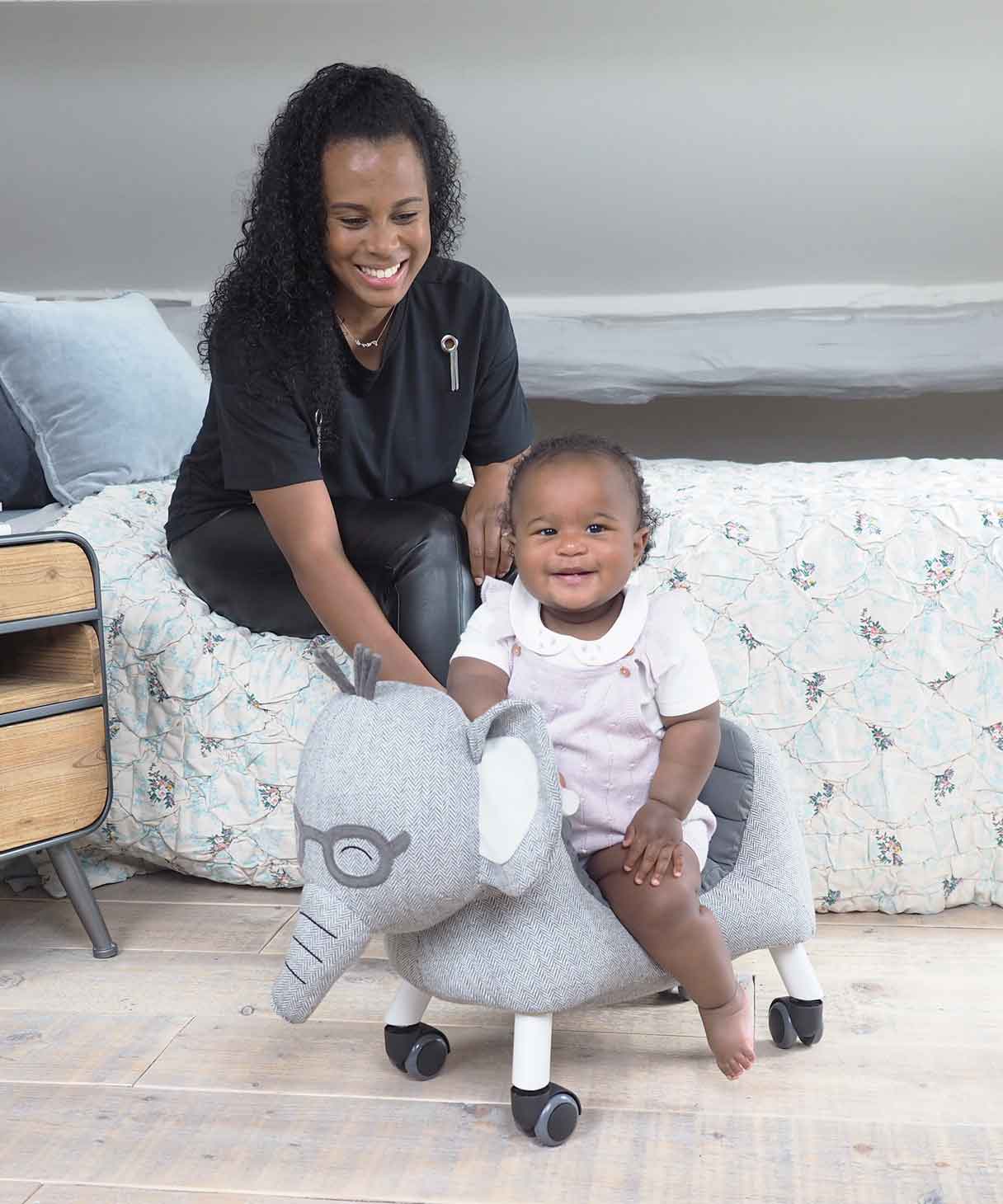Mum and baby girl with Cuthbert Elephant Ride-On Toy