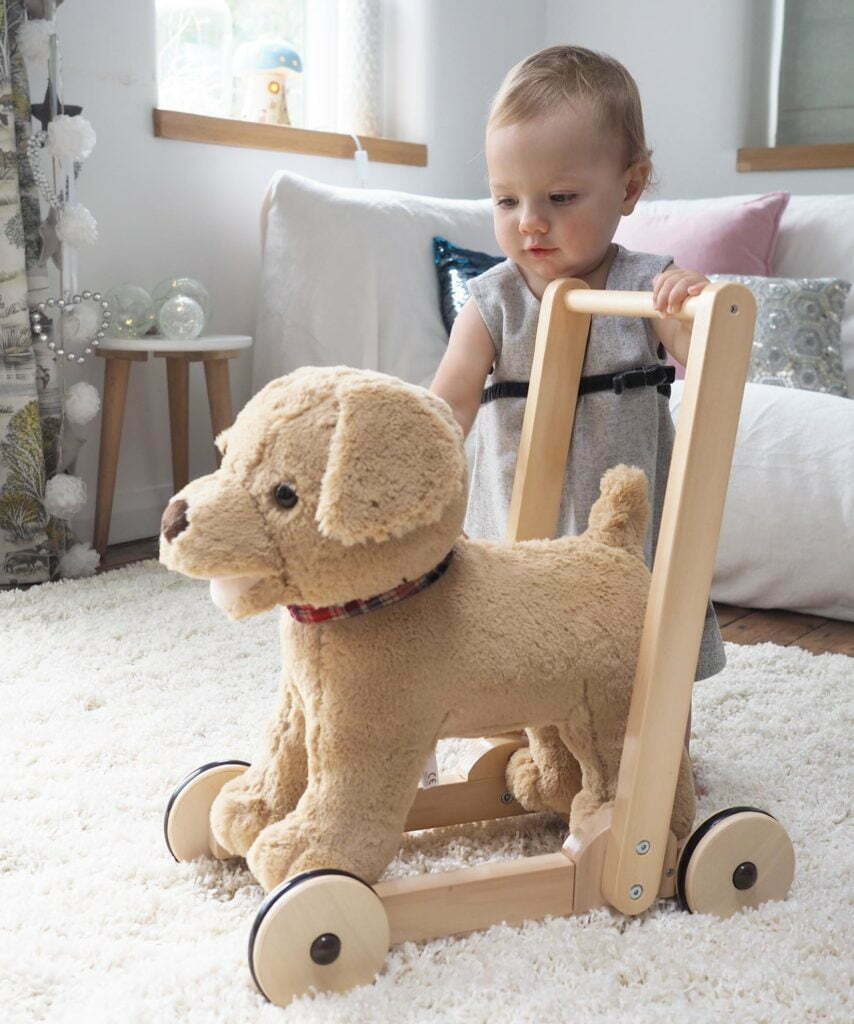 Toddler plays with Labrador Dexter Dog Baby Walker with sandy fur on wheels