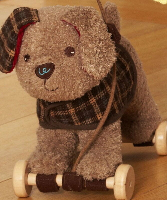 Close up of Percy Pup Pull Along Toy with removable dog coat