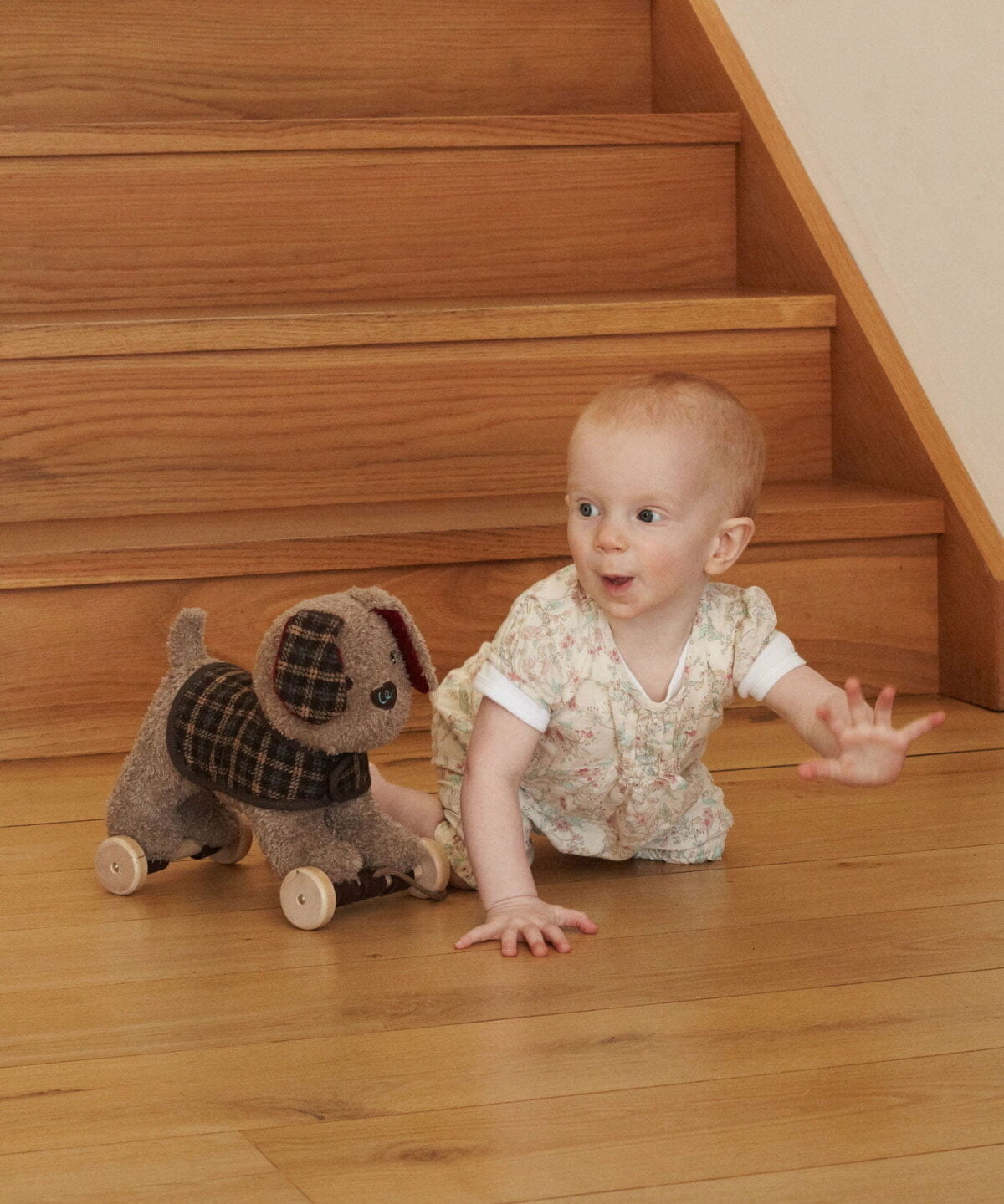 Baby girl crawling alongside Percy Pup Pull Along Toy with removable wheels