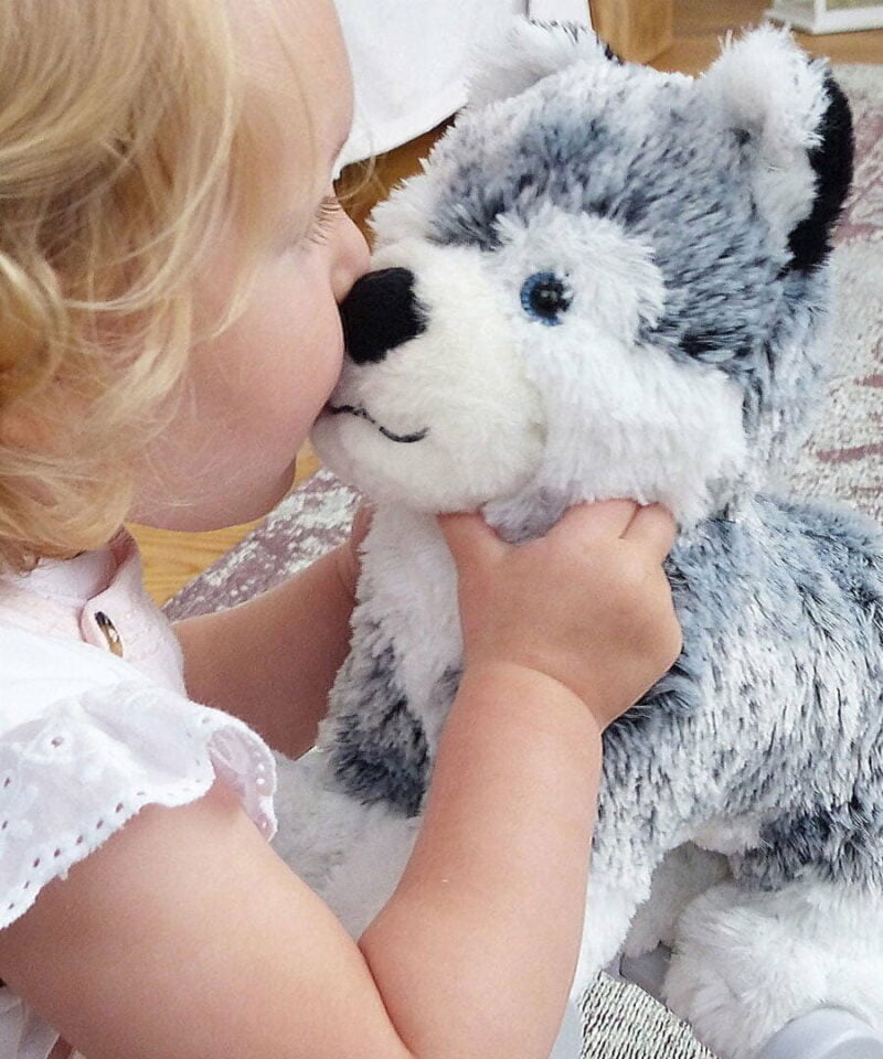 Baby Girl kissing Mishka Dog Pull Along Toy on his cute button nose