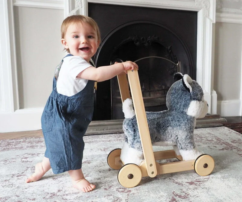 Little boy pushing Mishka Dog Baby Walker on a beige rug