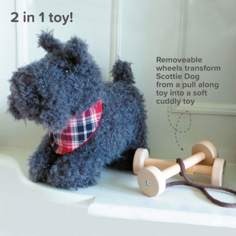 infographic image of scottie dog pull along baby toy showing removable wheels