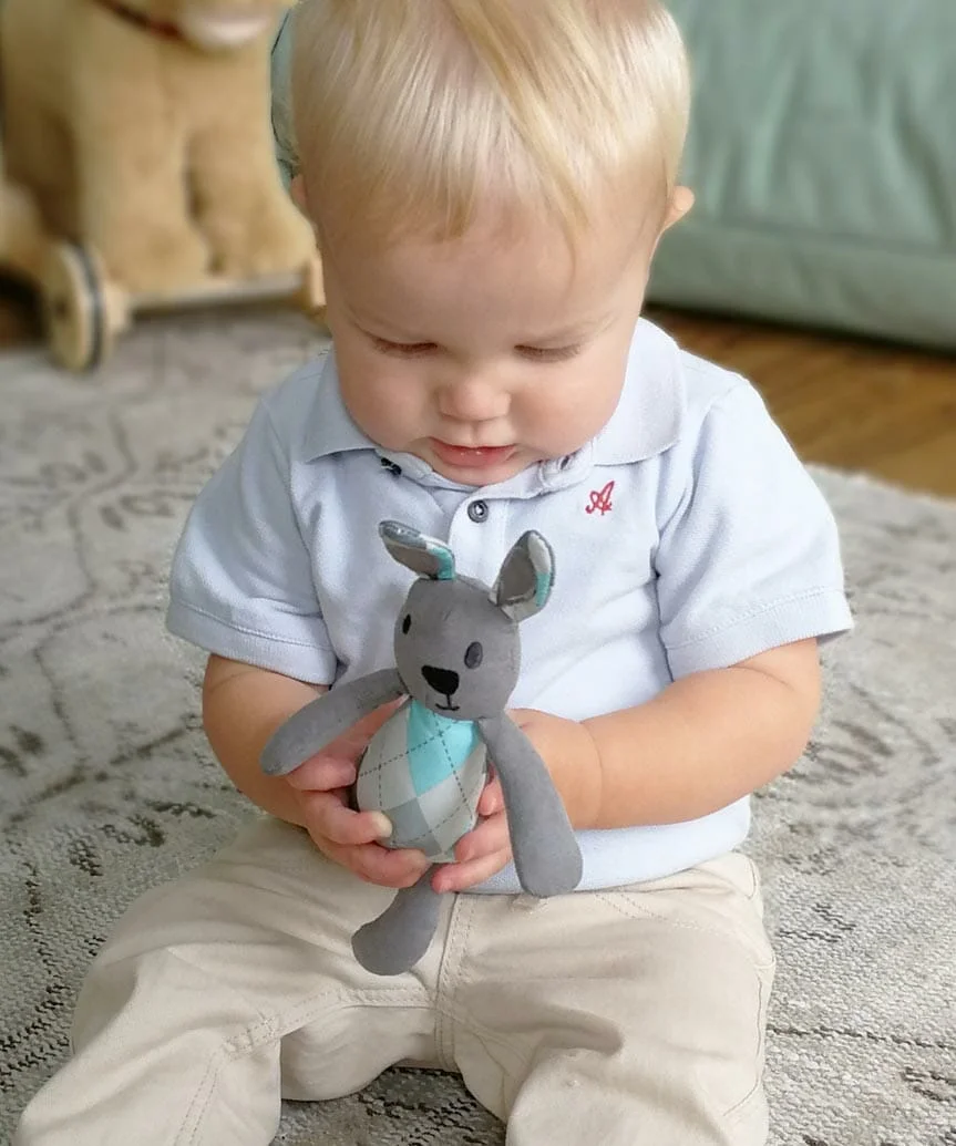 Little boy playing with cute Little Fitz Rabbit toy