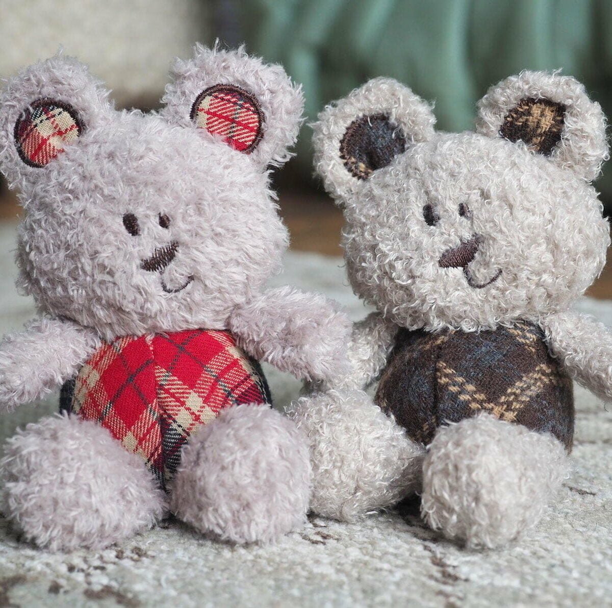 Little Ted and Little Red Bears sitting together on a rug