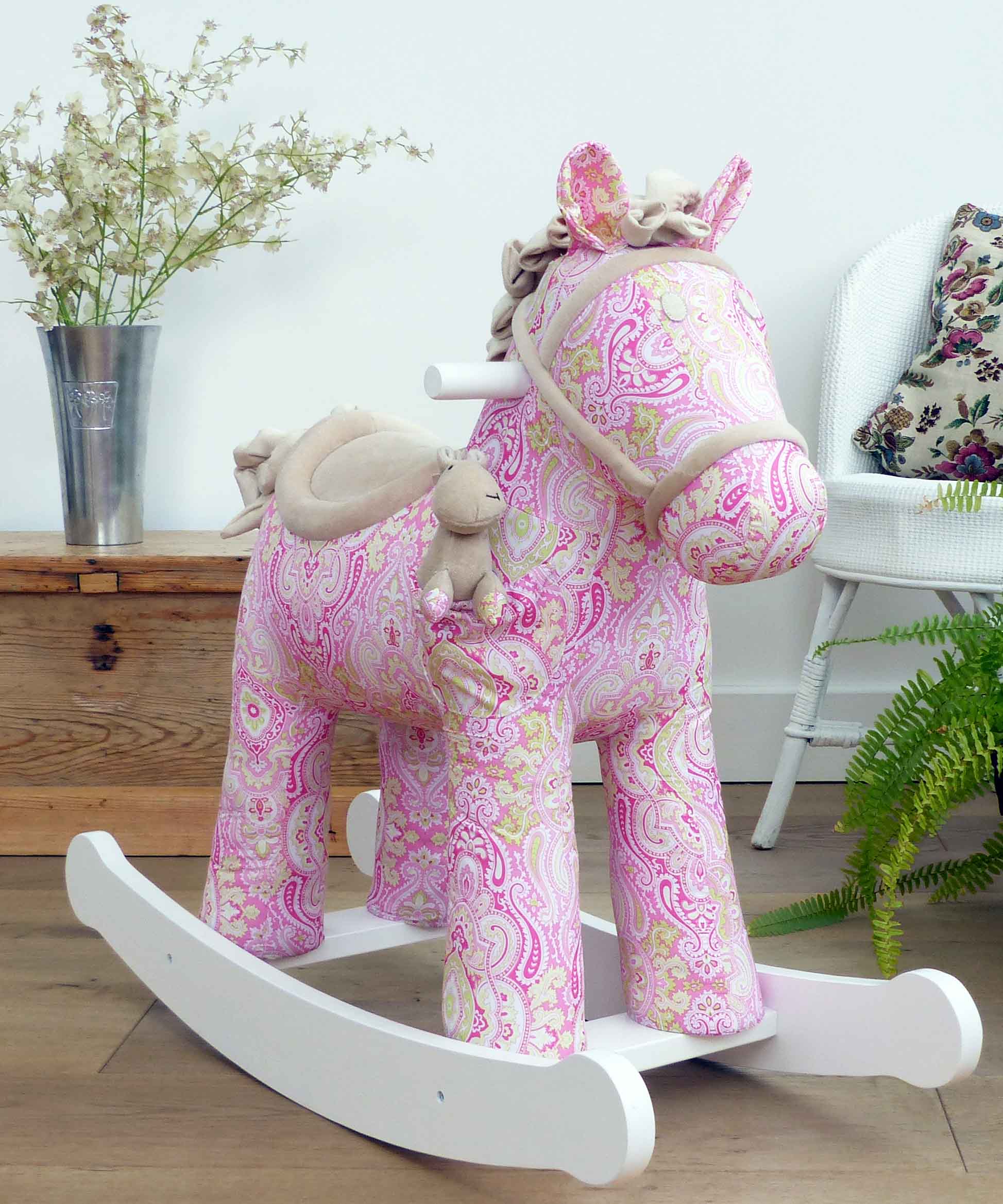 Pixie & Fluff Rocking Horse with pink paisley print and velour saddle