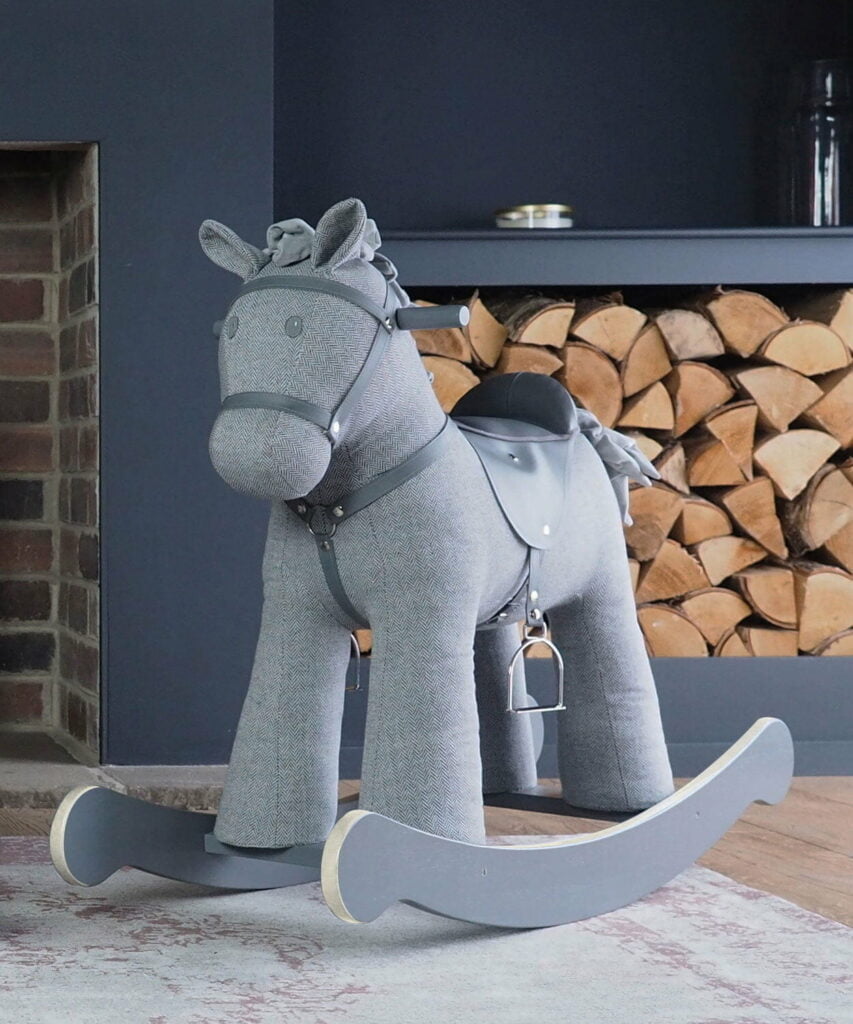 Grey traditional Stirling Rocking Horse with stirrups, bridle & herringbone fabric