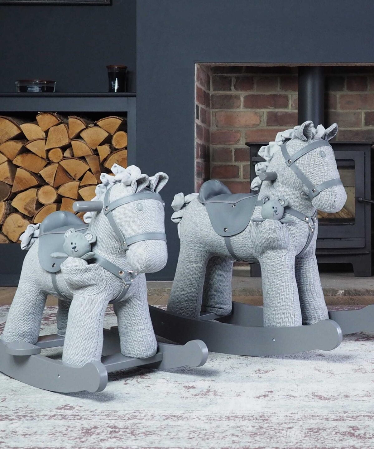 Traditional grey herringbone Stirling & Mac Rocking Horse for toddlers